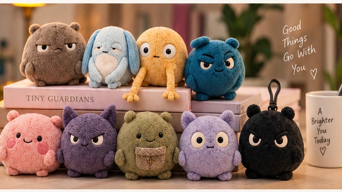All nine Pocket Guardians arranged on a stack of books on a desk