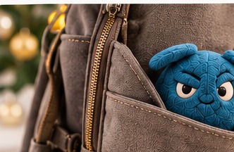 Smirk peeking out of a backpack pocket
